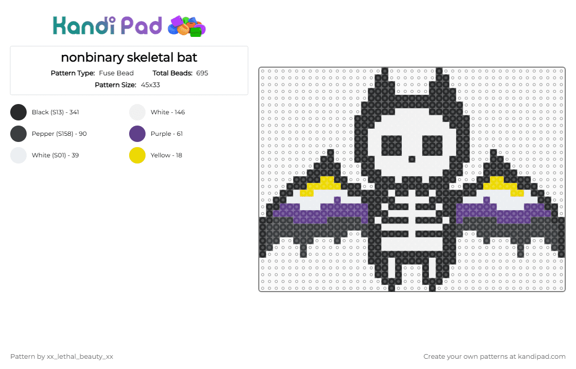 nonbinary skeletal bat - Fuse Bead Pattern by xx_lethal_beauty_xx on Kandi Pad - black,white,purple