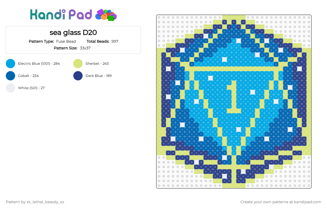 sea glass D20 - Fuse Bead Pattern by xx_lethal_beauty_xx on Kandi Pad - blue