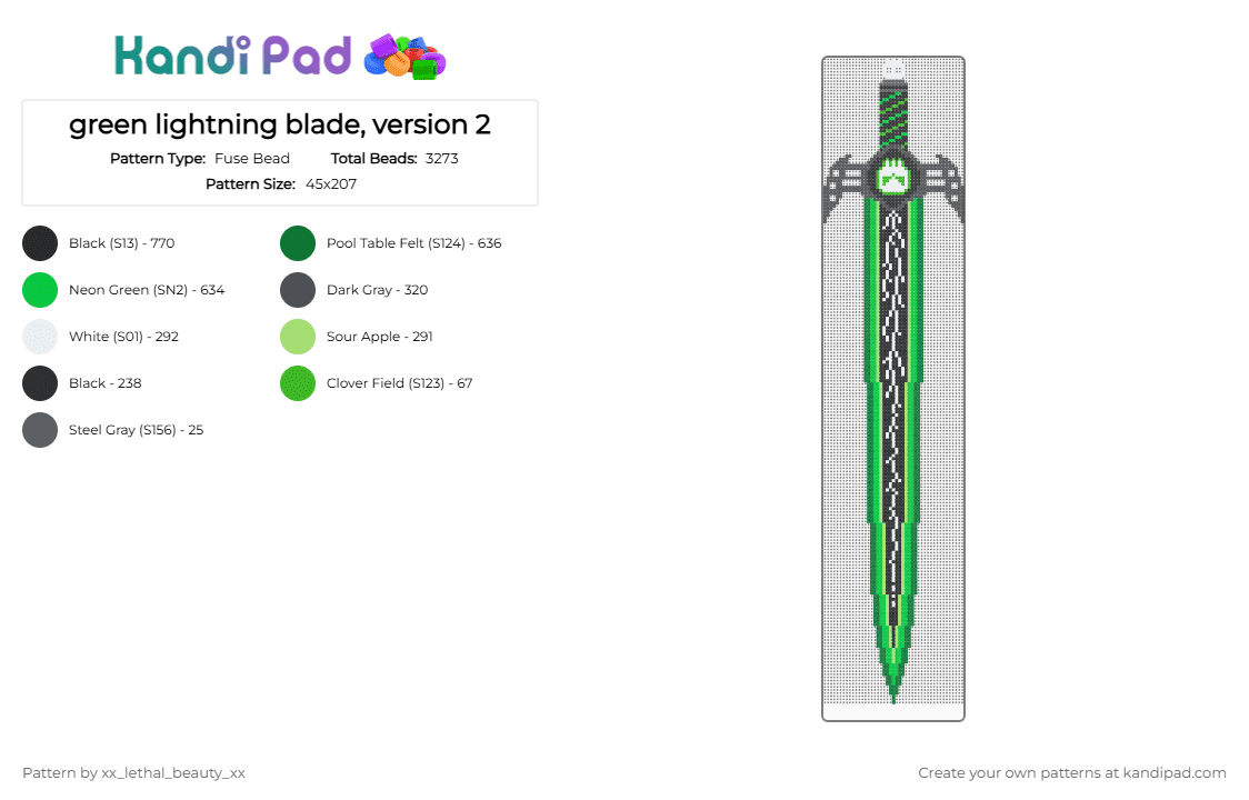 green lightning blade, version 2 - Fuse Bead Pattern by xx_lethal_beauty_xx on Kandi Pad - green