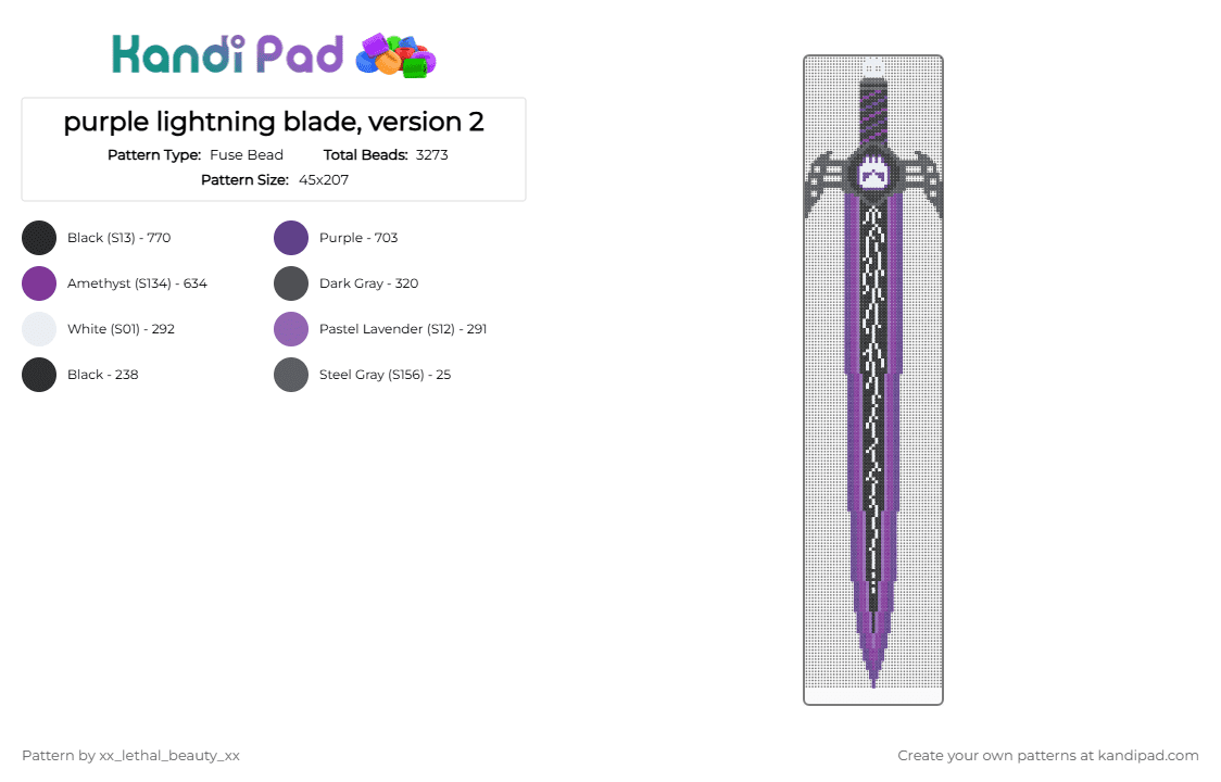 purple lightning blade, version 2 - Fuse Bead Pattern by xx_lethal_beauty_xx on Kandi Pad - pink, purple