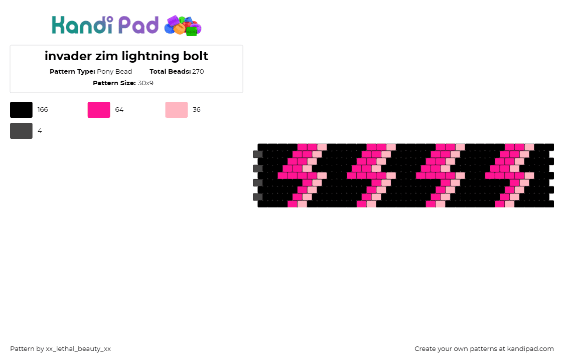 invader zim lightning bolt - Pony Bead Pattern by xx_lethal_beauty_xx on Kandi Pad - lightning bolt,invader zim,cuff,tv show,cartoon,pink,black