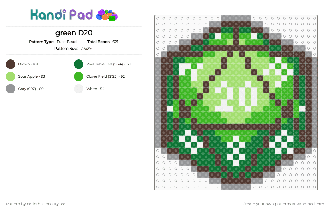 green D20 - Fuse Bead Pattern by xx_lethal_beauty_xx on Kandi Pad - brown, green