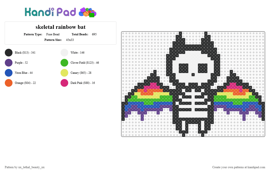 skeletal rainbow bat - Fuse Bead Pattern by xx_lethal_beauty_xx on Kandi Pad - black,white,purple,green,colorful