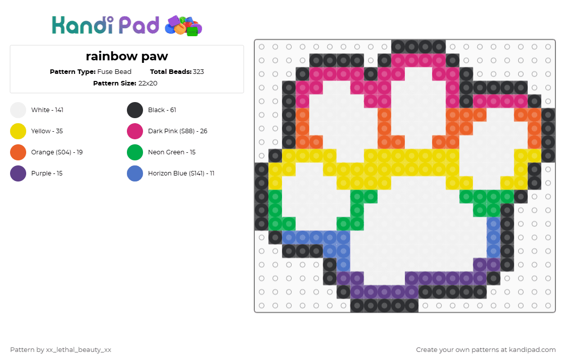 rainbow paw - Fuse Bead Pattern by xx_lethal_beauty_xx on Kandi Pad - white,pink,orange,yellow