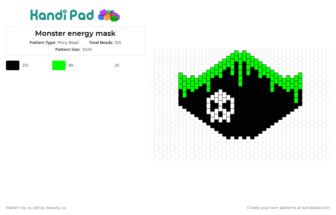 Monster energy mask - Pony Bead Pattern by xx_lethal_beauty_xx on Kandi Pad - skull,monster,drippy,energy,mask,slime,black,green
