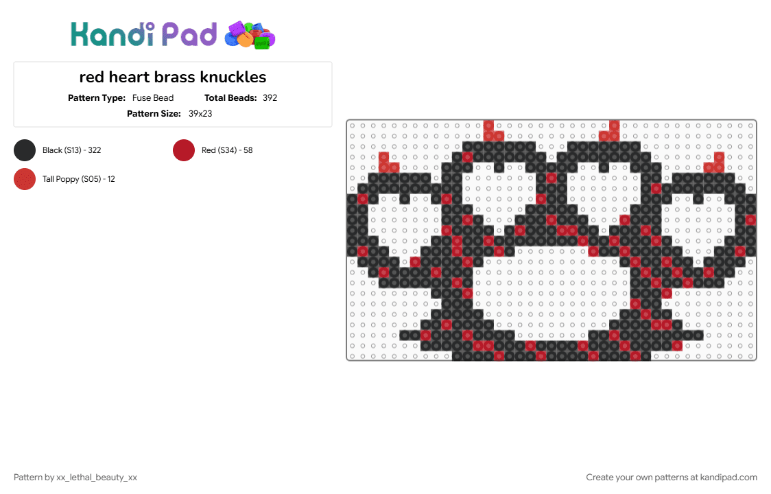 red heart brass knuckles - Fuse Bead Pattern by xx_lethal_beauty_xx on Kandi Pad - black