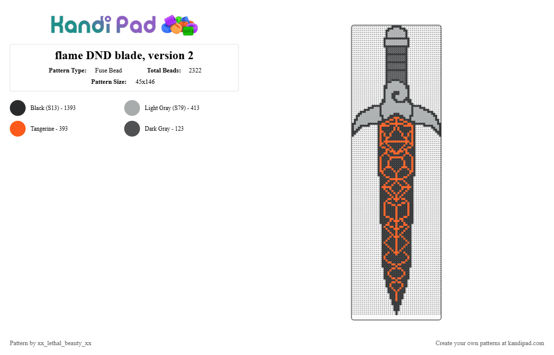 flame DND blade, version 2 - Fuse Bead Pattern by xx_lethal_beauty_xx on Kandi Pad - gray, orange
