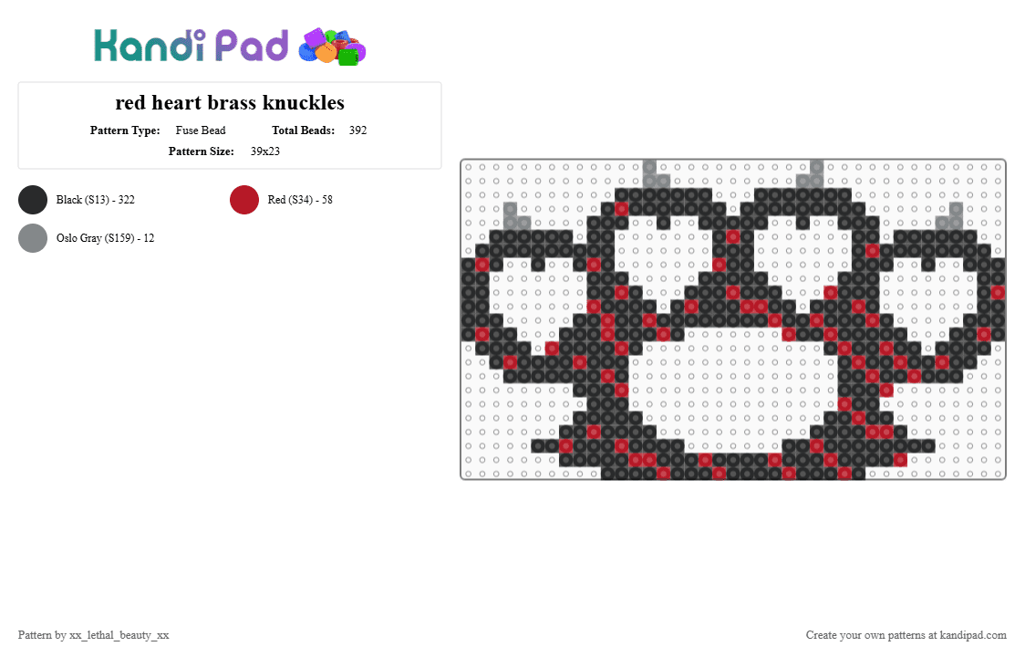 red heart brass knuckles - Fuse Bead Pattern by xx_lethal_beauty_xx on Kandi Pad - black, red