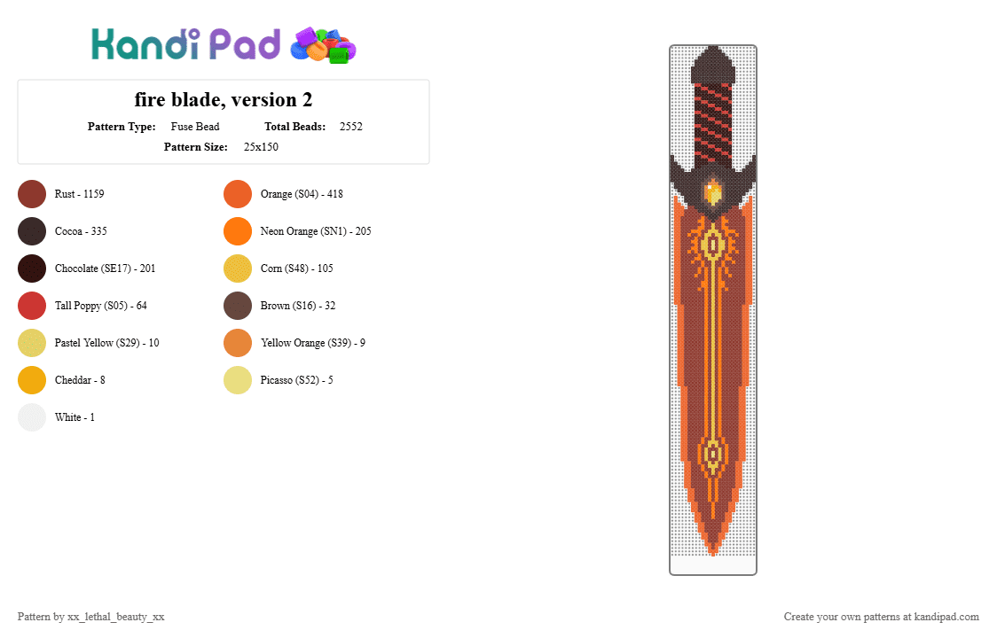 fire blade, version 2 - Fuse Bead Pattern by xx_lethal_beauty_xx on Kandi Pad - red,orange