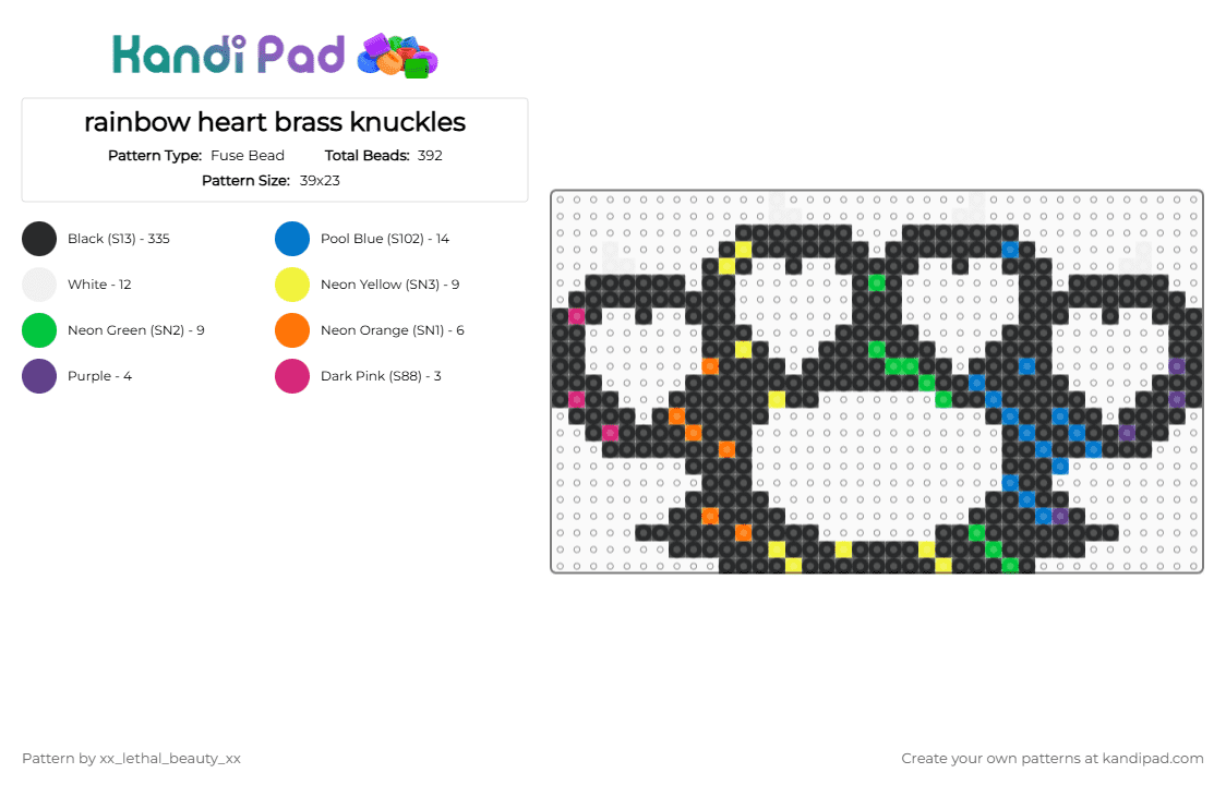 rainbow heart brass knuckles - Fuse Bead Pattern by xx_lethal_beauty_xx on Kandi Pad - black,yellow,blue,green