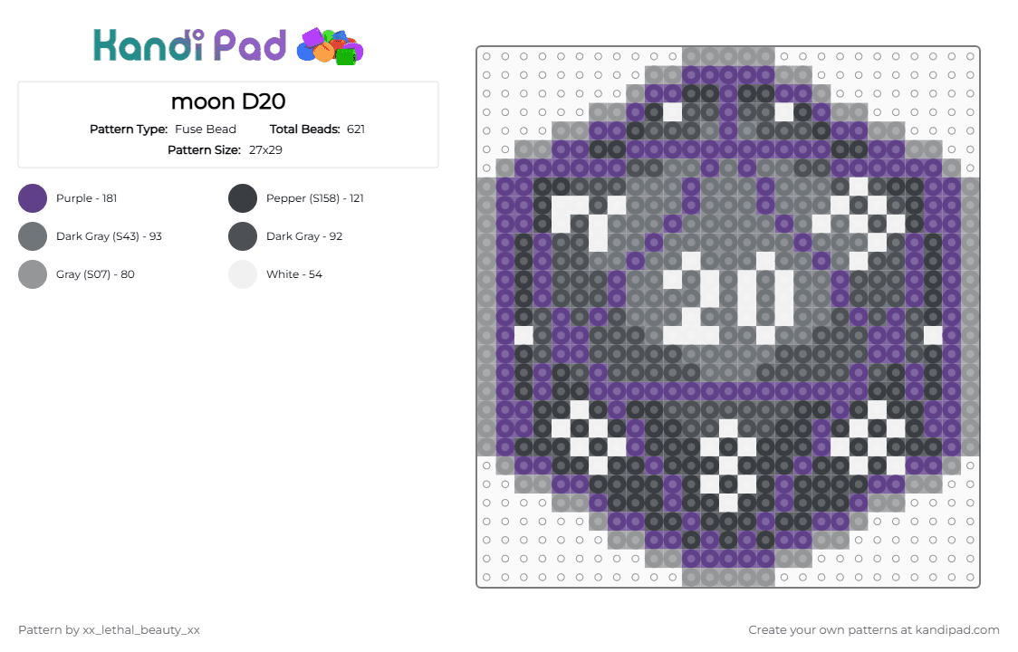 moon D20 - Fuse Bead Pattern by xx_lethal_beauty_xx on Kandi Pad - gray, purple