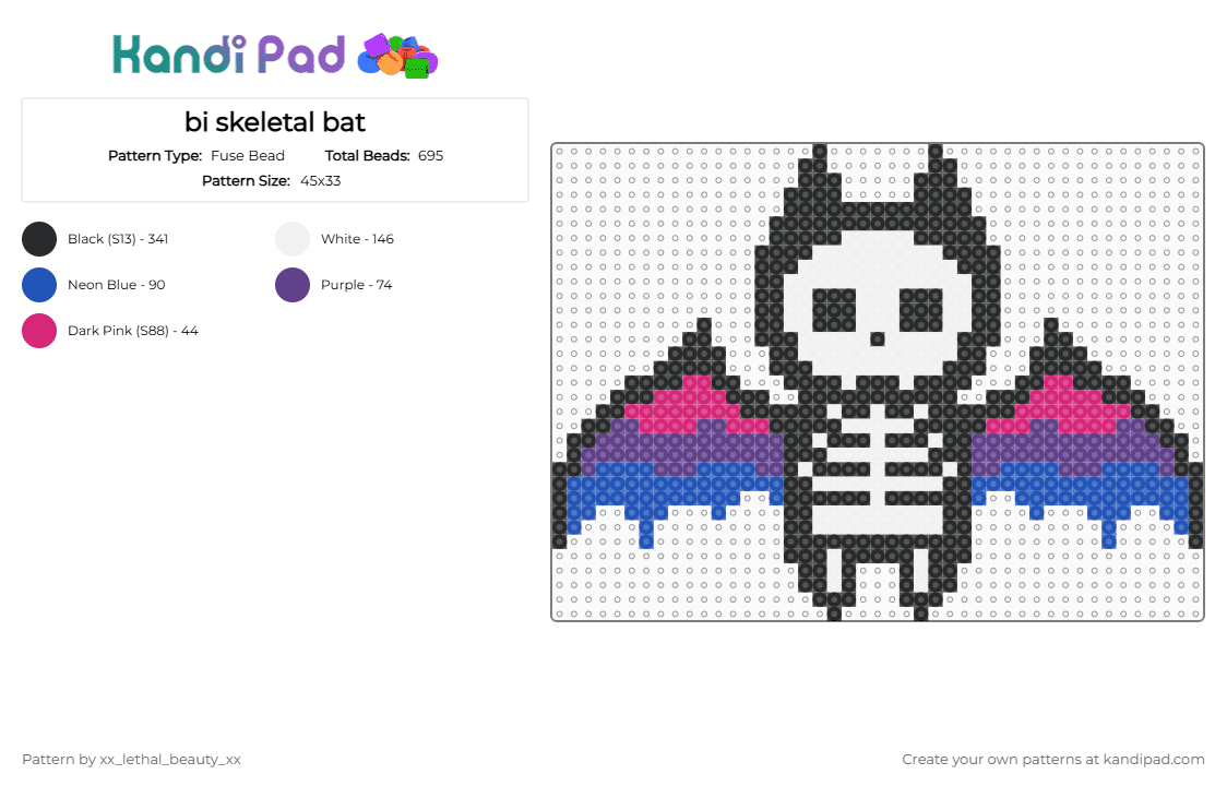 bi skeletal bat - Fuse Bead Pattern by xx_lethal_beauty_xx on Kandi Pad - black, blue, purple