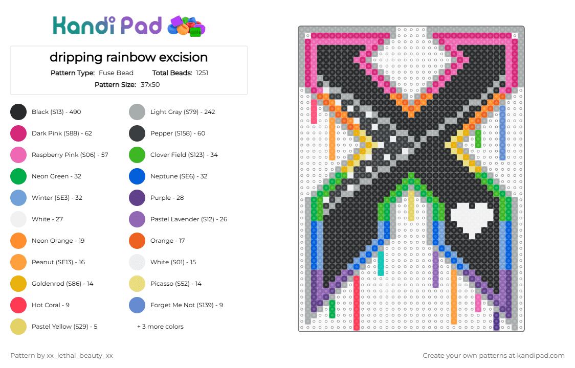 dripping rainbow excision - Fuse Bead Pattern by xx_lethal_beauty_xx on Kandi Pad - excision,x,logo,dj,dubstep,edm,music,drippy,black,gray,pink,green,colorful