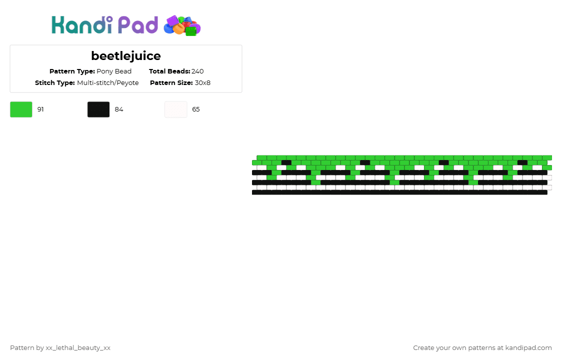 beetlejuice - Pony Bead Pattern by xx_lethal_beauty_xx on Kandi Pad - beetlejuice,cuff,slime,drippy,stripes,movie,ghost,character,fantasy,green,white
