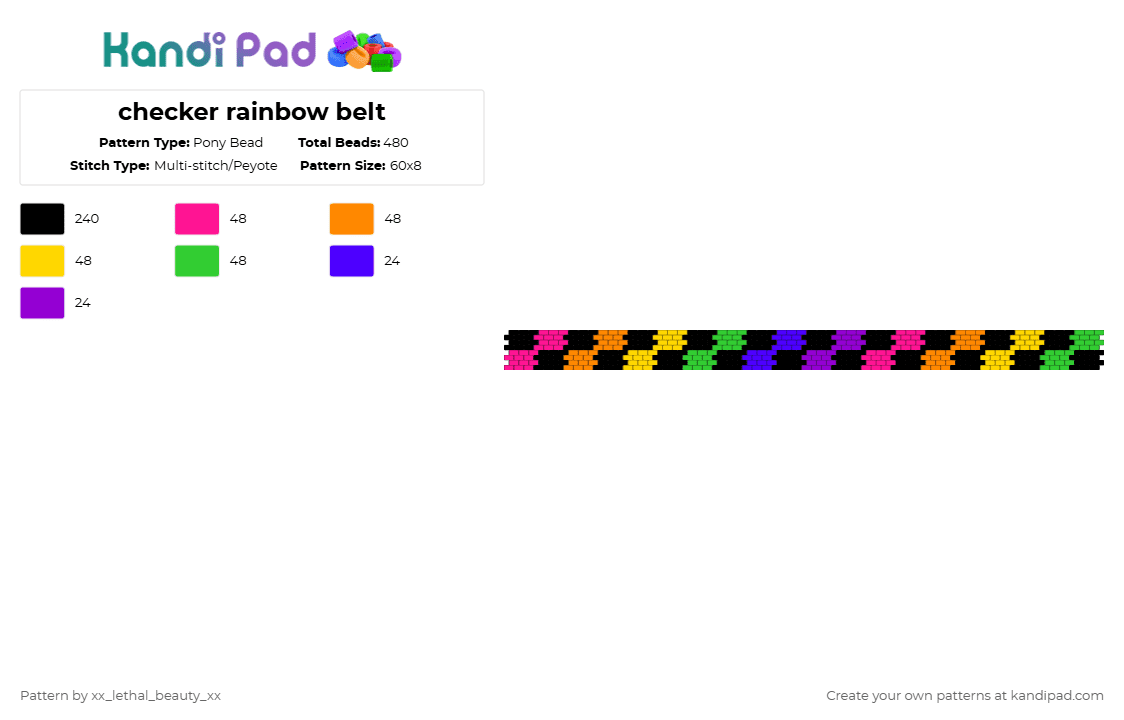 checker rainbow belt - Pony Bead Pattern by xx_lethal_beauty_xx on Kandi Pad - black,orange,green,colorful