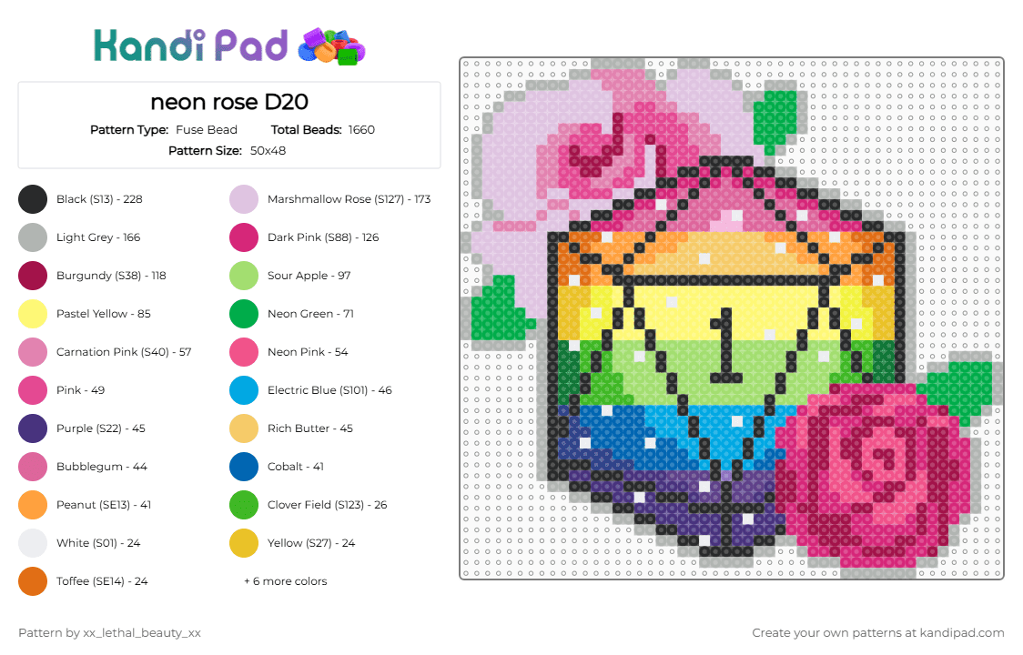 neon rose D20 - Fuse Bead Pattern by xx_lethal_beauty_xx on Kandi Pad - beige, green, pink, yellow