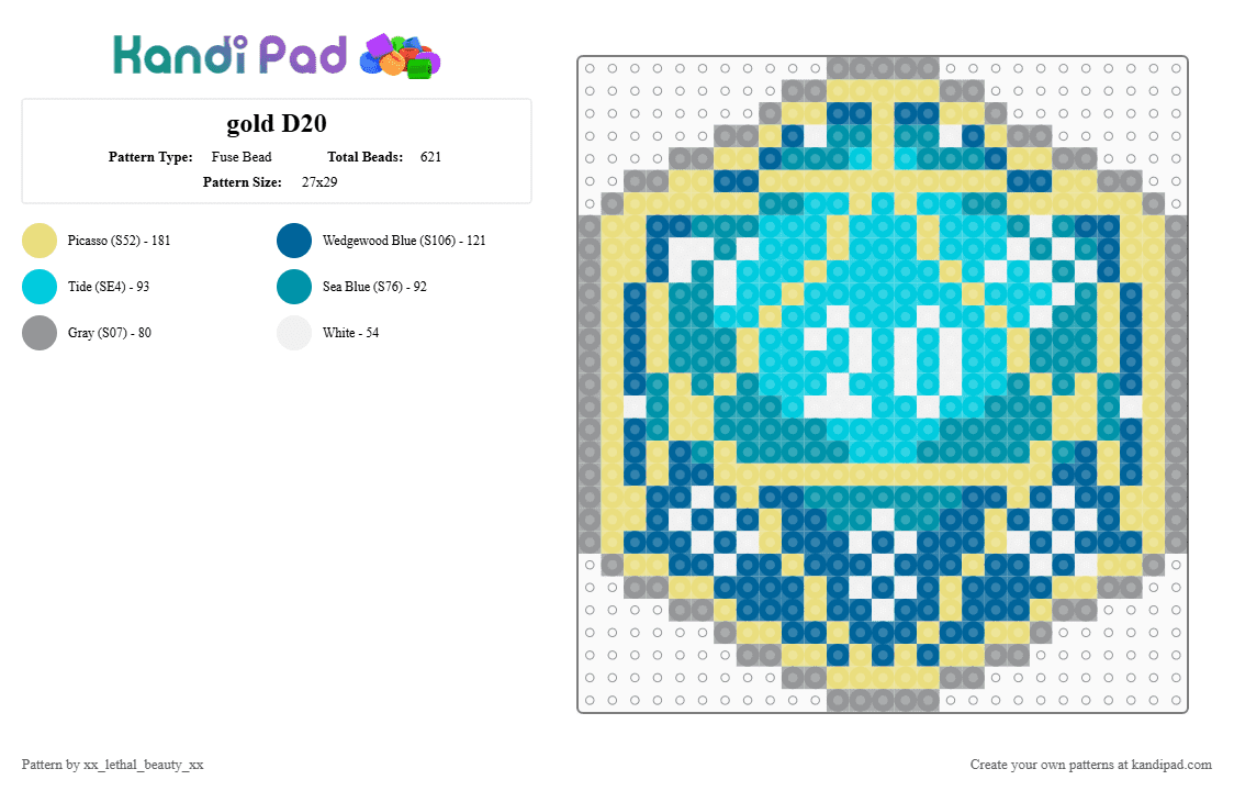 gold D20 - Fuse Bead Pattern by xx_lethal_beauty_xx on Kandi Pad - blue, yellow