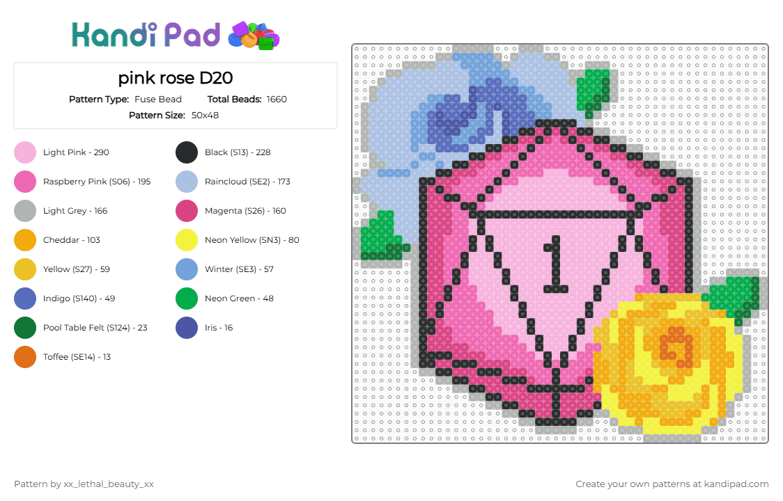 pink rose D20 - Fuse Bead Pattern by xx_lethal_beauty_xx on Kandi Pad - pink,beige,light blue