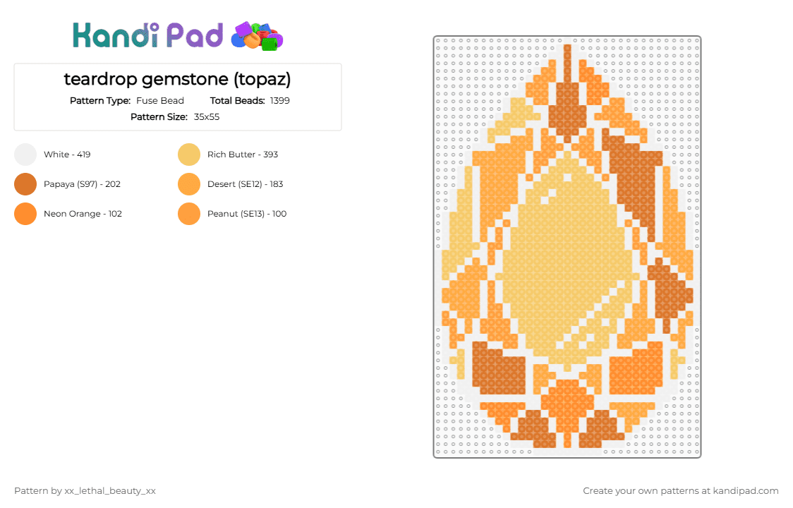 teardrop gemstone (topaz) - Fuse Bead Pattern by xx_lethal_beauty_xx on Kandi Pad - orange,yellow