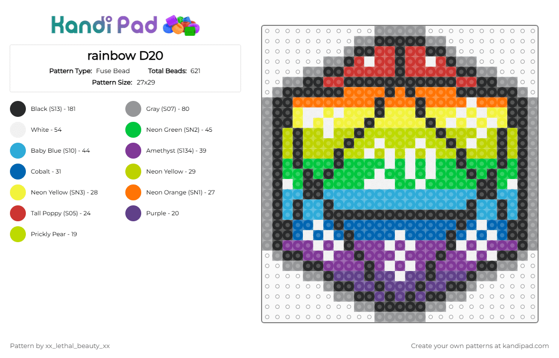 rainbow D20 - Fuse Bead Pattern by xx_lethal_beauty_xx on Kandi Pad - pink,green,light blue,gray