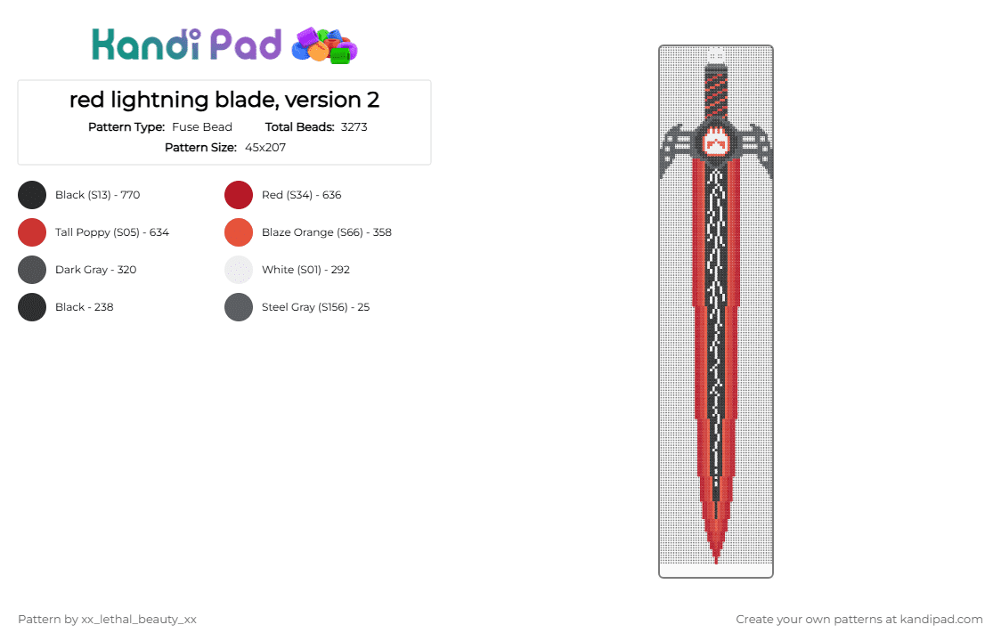 red lightning blade, version 2 - Fuse Bead Pattern by xx_lethal_beauty_xx on Kandi Pad - red