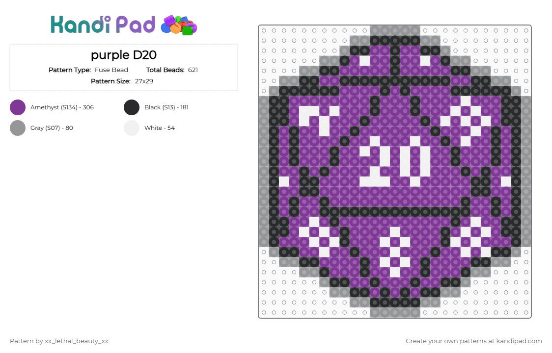 purple D20 - Fuse Bead Pattern by xx_lethal_beauty_xx on Kandi Pad - pink