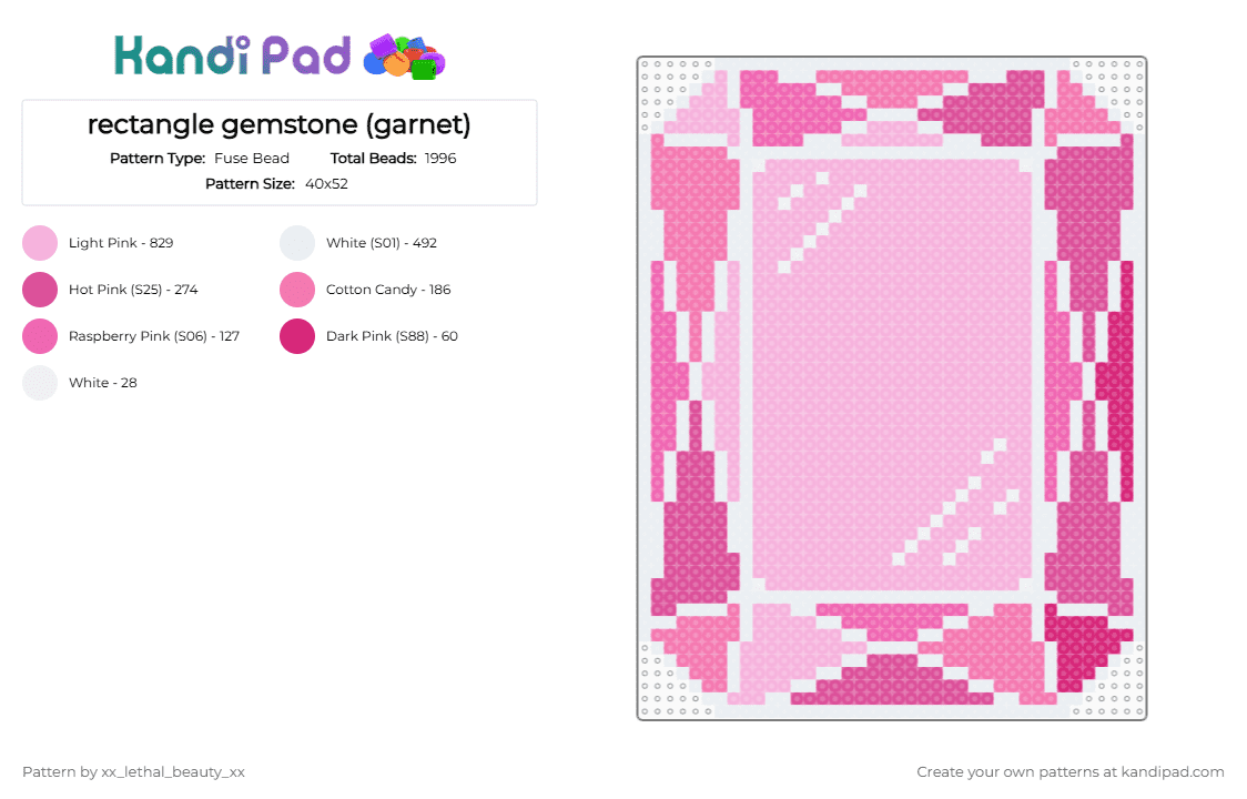 rectangle gemstone (garnet) - Fuse Bead Pattern by xx_lethal_beauty_xx on Kandi Pad - pink, white