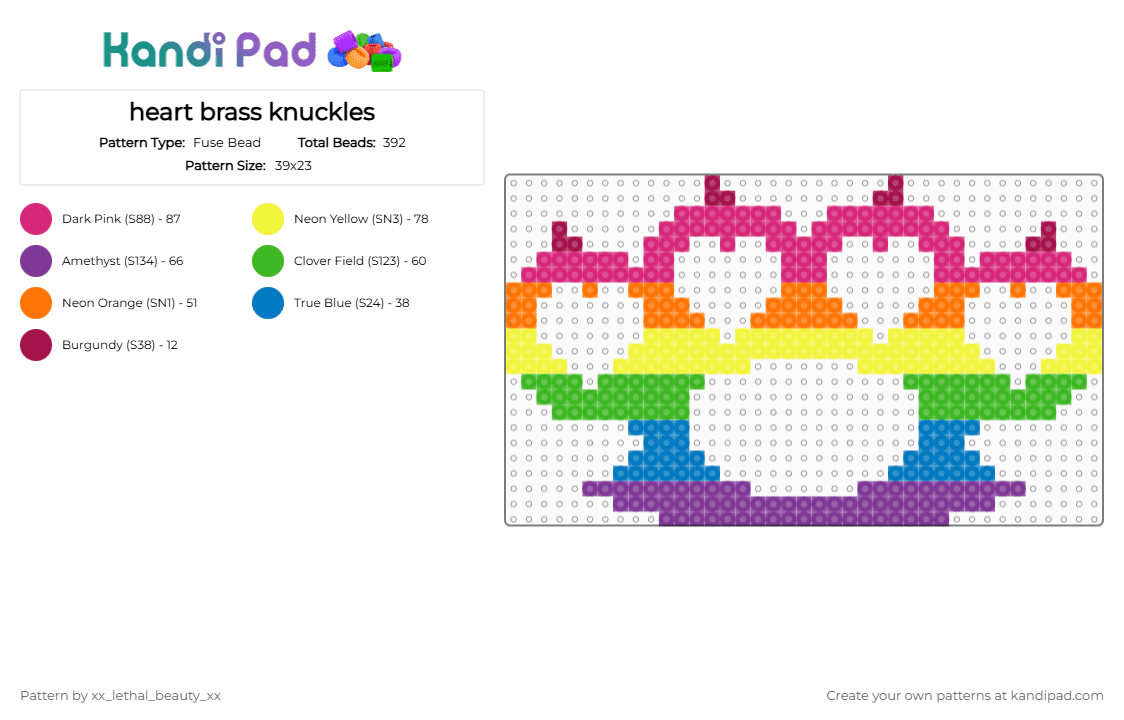 heart brass knuckles - Fuse Bead Pattern by xx_lethal_beauty_xx on Kandi Pad - pink,yellow