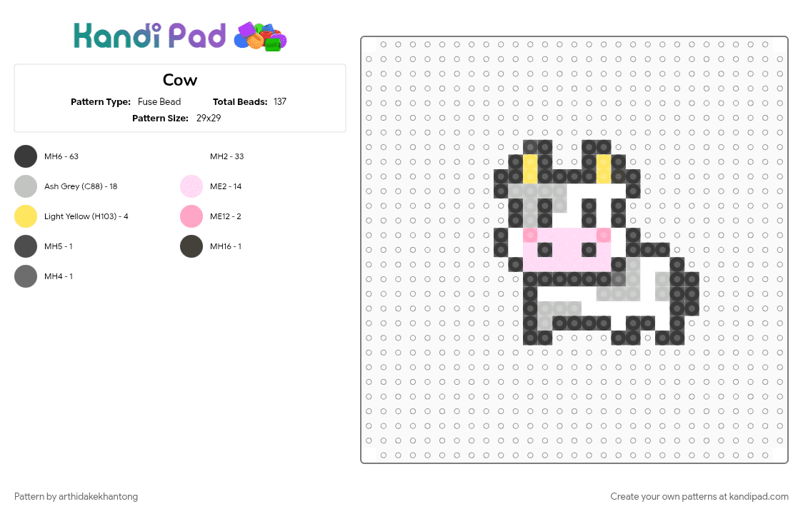 Cow - Fuse Bead Pattern by arthidakekhantong on Kandi Pad - beige, black, pink, white