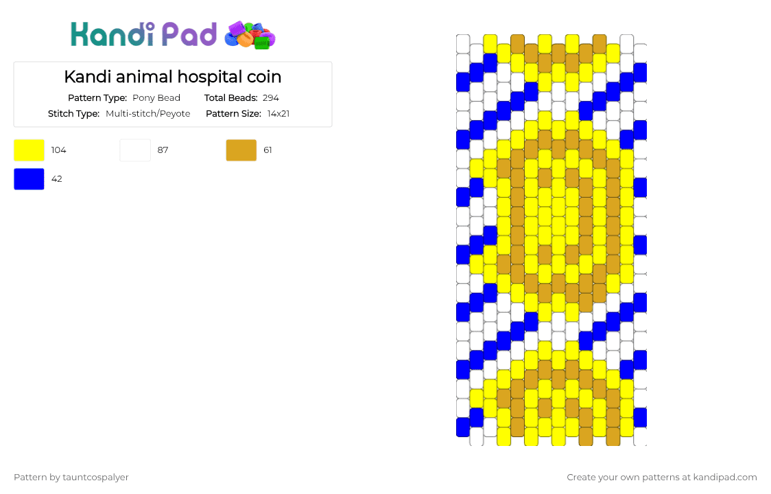 Kandi animal hospital coin - Pony Bead Pattern by tauntcospalyer on Kandi Pad - yellow