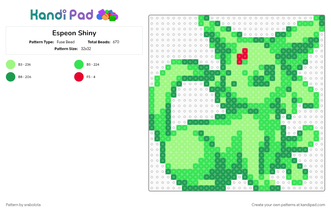Espeon Shiny - Fuse Bead Pattern by srabolota on Kandi Pad - green, pokemon, teal