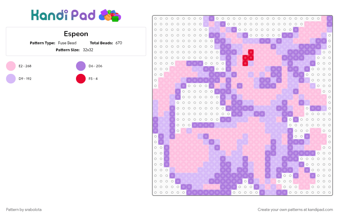 Espeon - Fuse Bead Pattern by srabolota on Kandi Pad - pink, pokemon