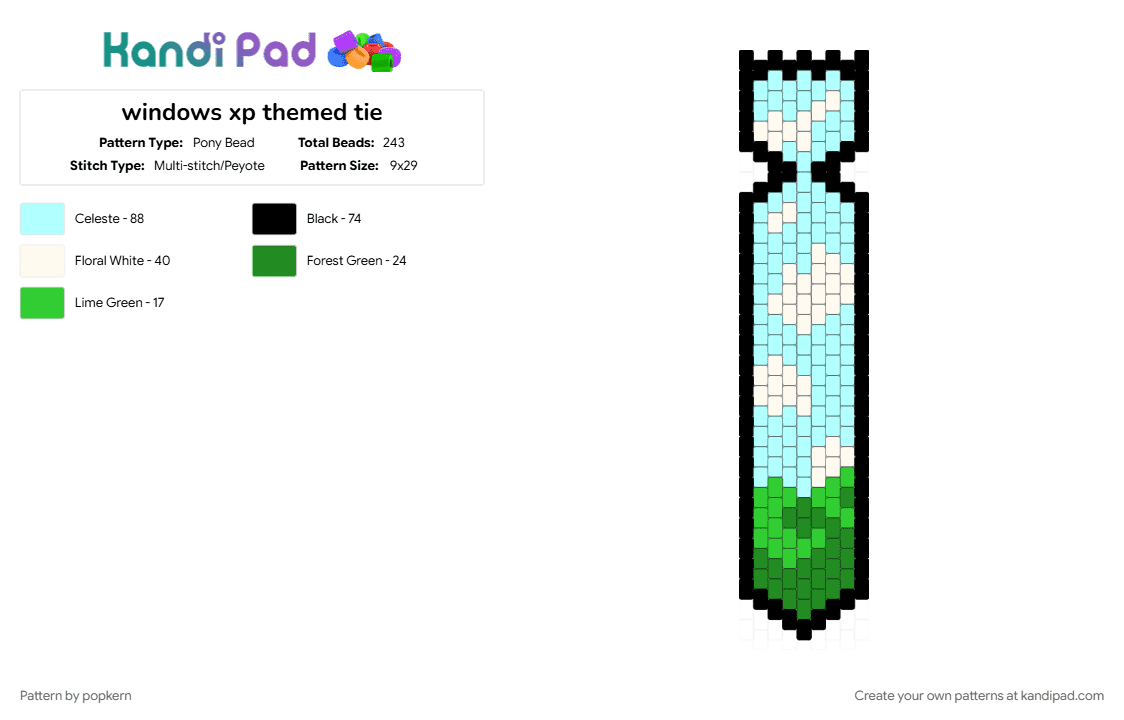 windows xp themed tie - Pony Bead Pattern by popkern on Kandi Pad - frutiger, green, idkwhattoputhere, kandi tie, light blue, tie, windows, windows xp