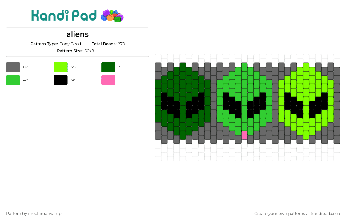 aliens - Pony Bead Pattern by mochimanvamp on Kandi Pad - aliens,extraterrestrial,space,cuff,green,gray