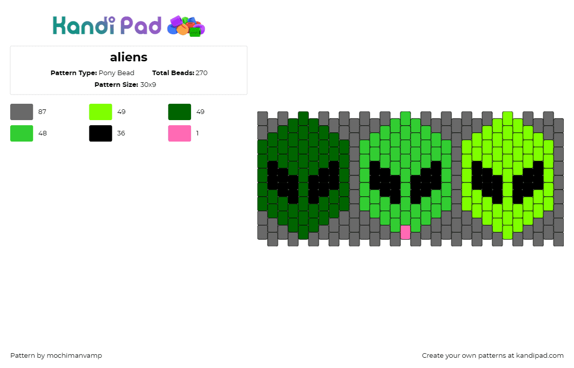 aliens - Pony Bead Pattern by mochimanvamp on Kandi Pad - aliens,extraterrestrial,space,cuff,green,gray