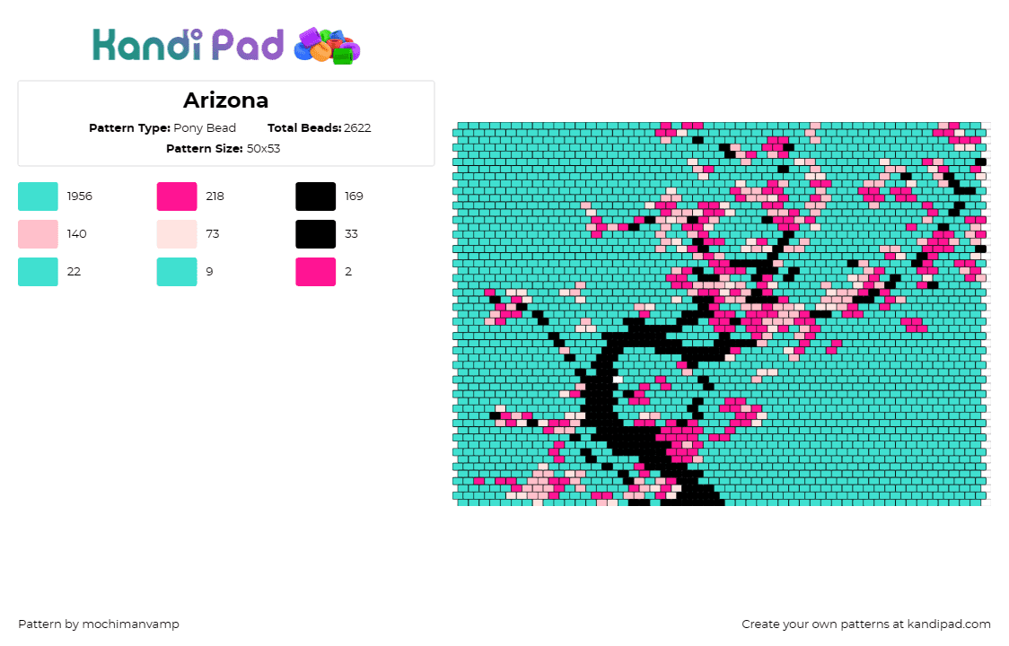 Arizona - Pony Bead Pattern by mochimanvamp on Kandi Pad - arizona,tea,drink,cherry blossom,tree,pink,teal