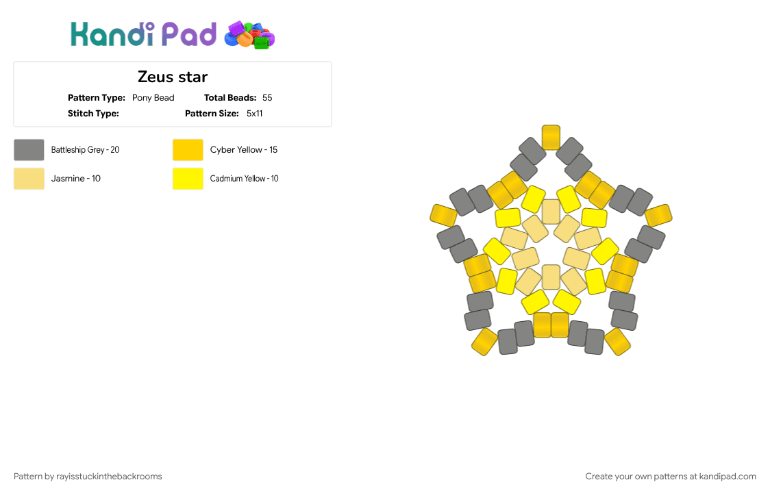Zeus star - Pony Bead Pattern by rayisstuckinthebackrooms on Kandi Pad - epic the musical, gray, yellow