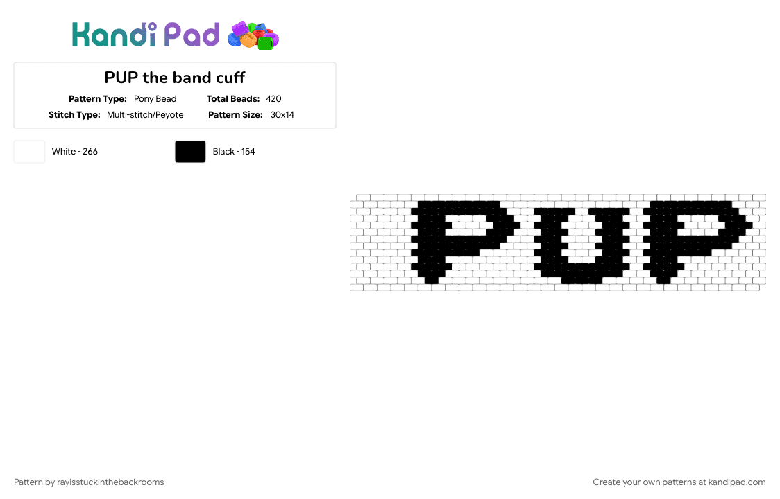 PUP the band cuff - Pony Bead Pattern by samisstuckinthebackrooms on Kandi Pad - black, pup the band, white