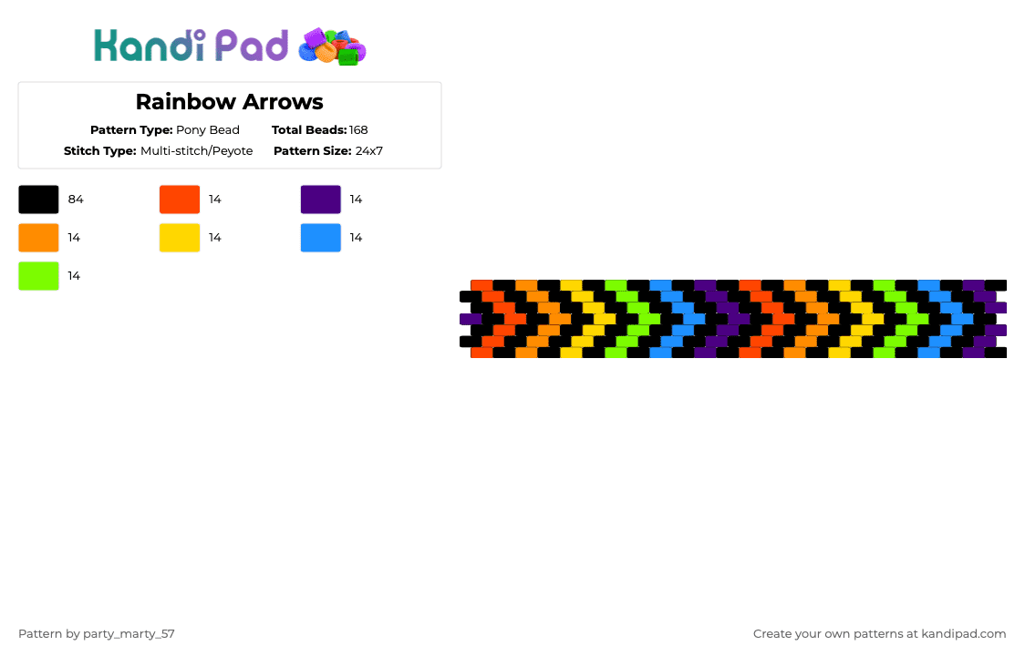 Rainbow Arrows - Pony Bead Pattern by party_marty_57 on Kandi Pad - black,purple,yellow,green,colorful