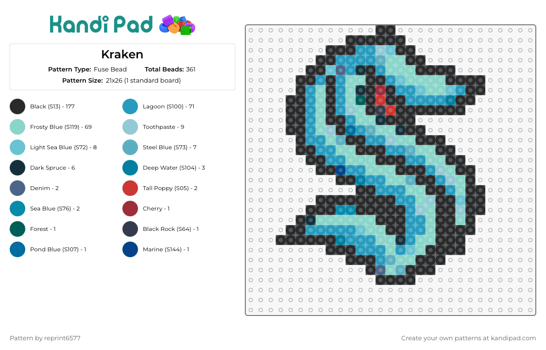 Kraken - Fuse Bead Pattern by reprint6577 on Kandi Pad - kraken,hockey,logo,seattle,sports,team,teal
