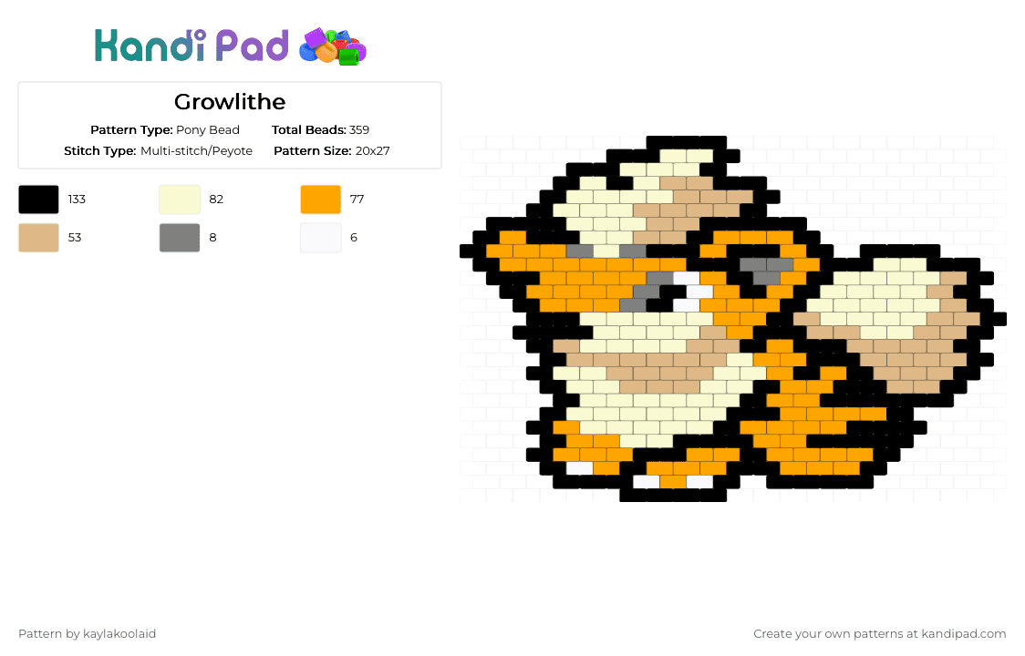 Growlithe - Pony Bead Pattern by kaylakoolaid on Kandi Pad - beige, growlithe, orange, pokemon