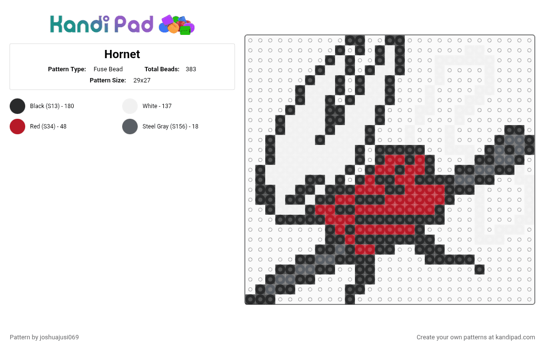 Hornet - Fuse Bead Pattern by joshuajusi069 on Kandi Pad - gray, red, white