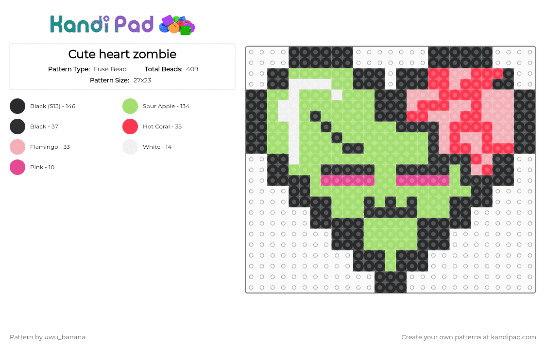 Cute heart zombie - Fuse Bead Pattern by uwu_banana on Kandi Pad - green
