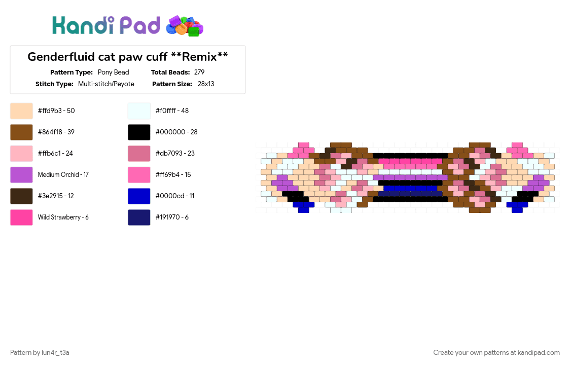 Genderfluid cat paw cuff **Remix** - Pony Bead Pattern by lun4r_t3a on Kandi Pad - beige, black, blue, cat, genderfluid, pink, purple, remix, tan, white