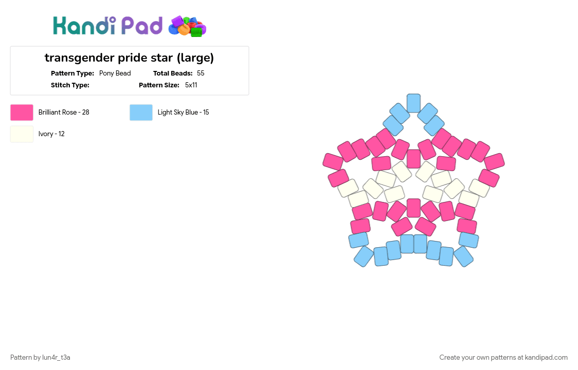 transgender pride star (large) - Pony Bead Pattern by lun4r_t3a on Kandi Pad - blue, lgbtq, light blue, pink, pride, protect trans lives, support trans kids, trans, white