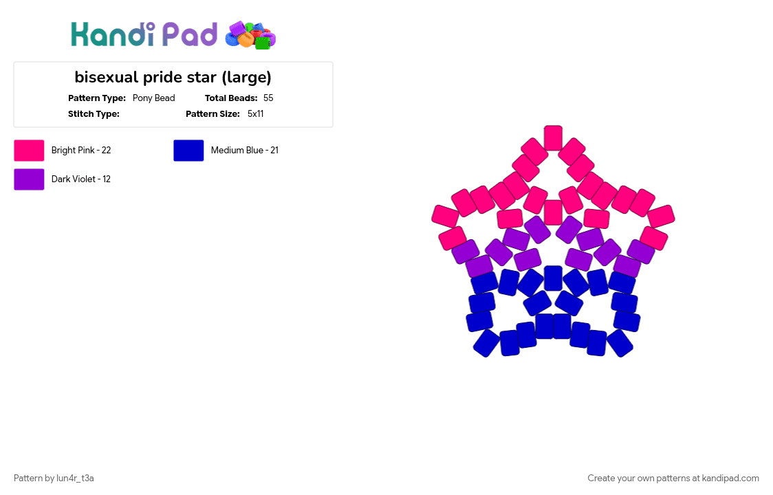 bisexual pride star (large) - Pony Bead Pattern by lun4r_t3a on Kandi Pad - bi, biromantic, bisexual, blue, lgbtq, pink, pride, purple
