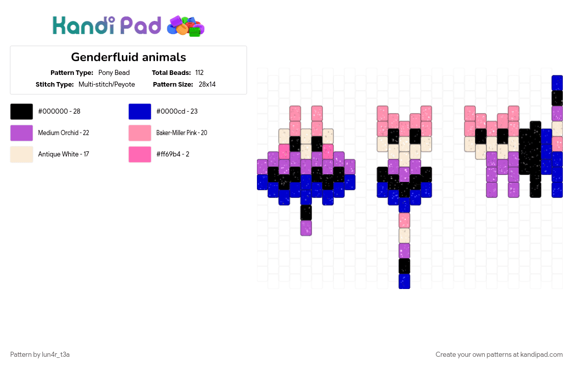 Genderfluid animals - Pony Bead Pattern by lun4r_t3a on Kandi Pad - animals, black, blue, genderfluid, pink, pride, purple, white