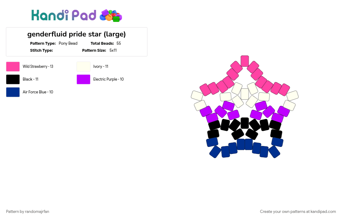 genderfluid pride star (large) - Pony Bead Pattern by lun4r_t3a on Kandi Pad - black, blue, genderfluid, lgbtq, pink, purple, star, white