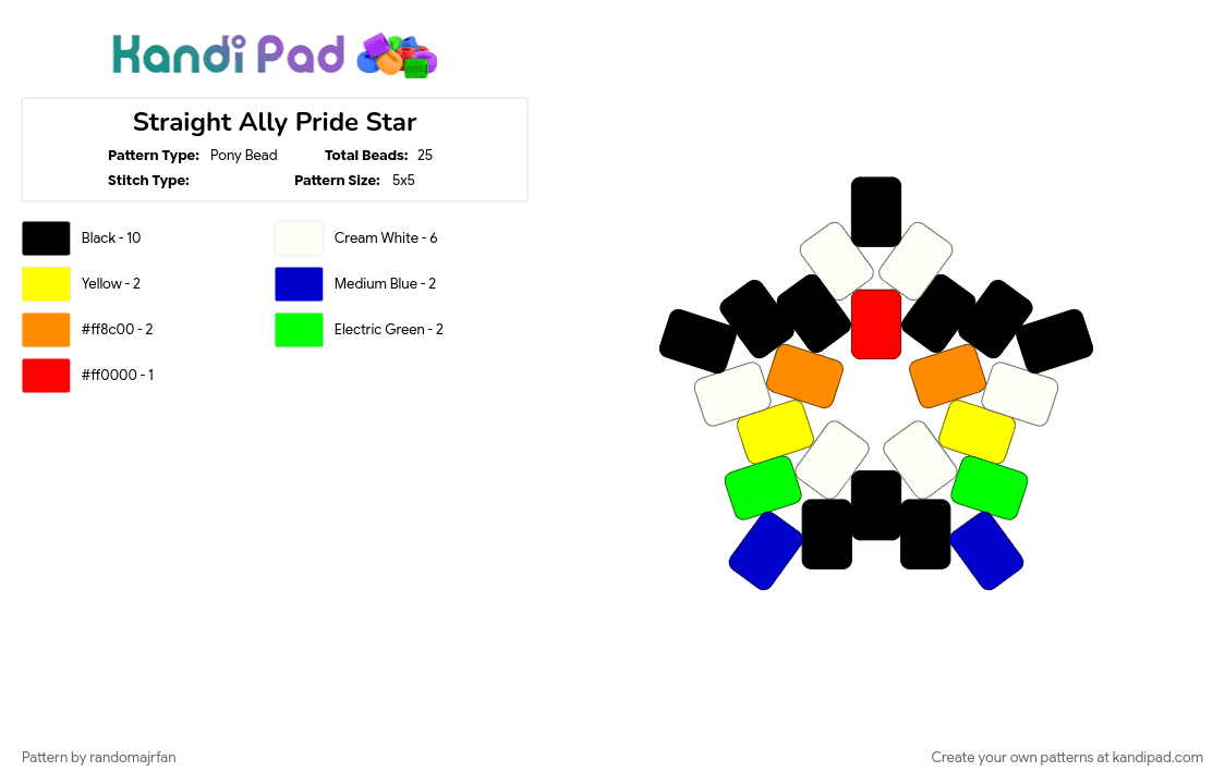 Straight Ally Pride Star - Pony Bead Pattern by lun4r_t3a on Kandi Pad - ally, black, green, lgbtq, orange, pride, purple, star, straight, support, white, yellow