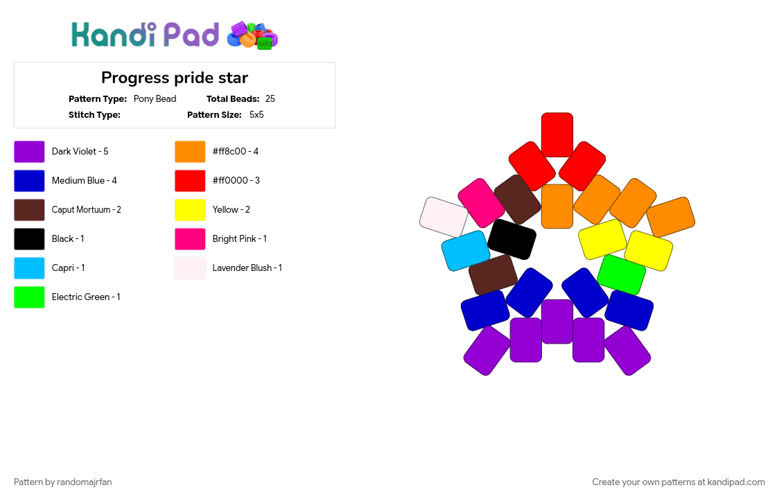 Progress pride star - Pony Bead Pattern by lun4r_t3a on Kandi Pad - blue, flag, lgbtq, orange, pride, purple, red, star, trans, yellow
